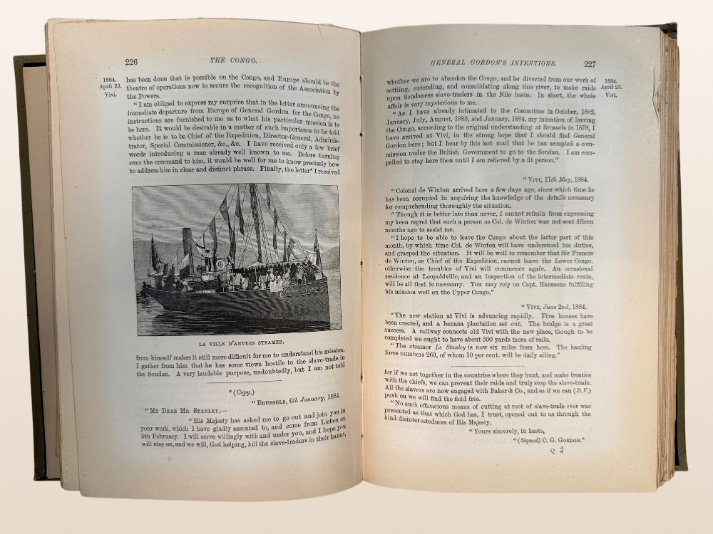 1885 first London edition of Henry M. Stanley’s The Congo, Vol. II, with original illustrated cloth binding, engravings and folding map.