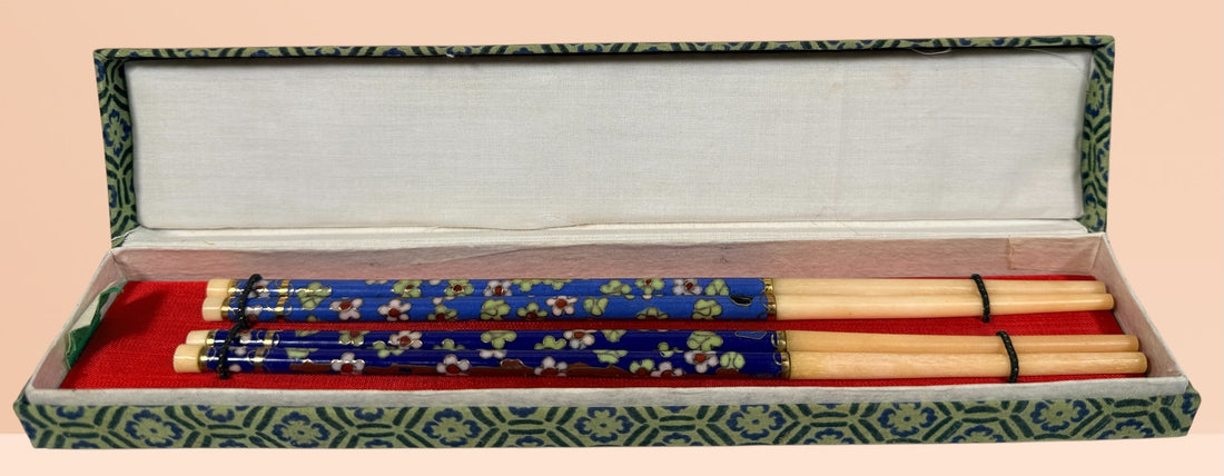 Vintage cloisonné chopsticks set with blue enamel floral design, two pairs in gift box. Decorative Asian tableware ideal for gifting, display or collectors.