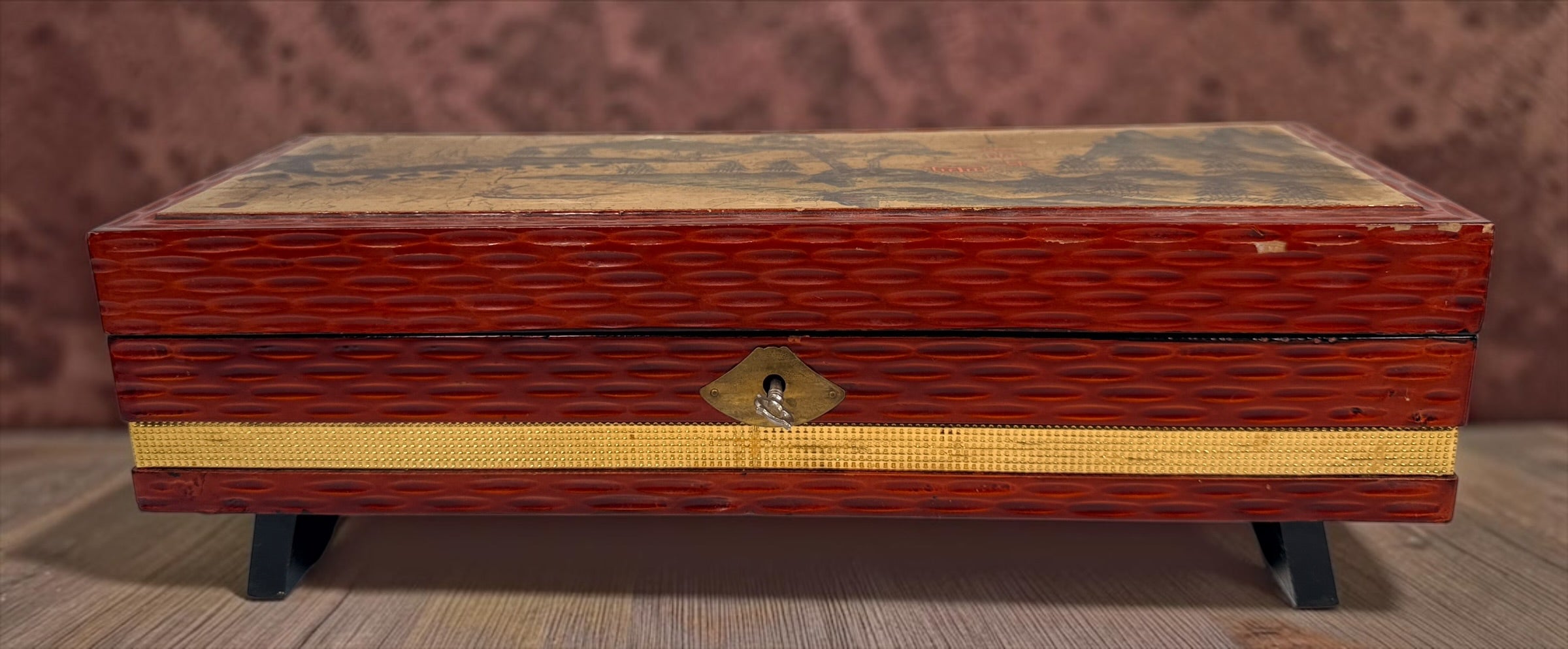 Vintage Japanese-style wooden musical jewelry box with ballerina, mirrors, gold interior and Mount Fuji landscape decoration. Unique mid-century décor.