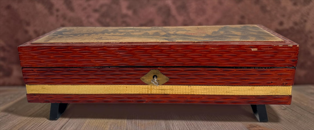 Vintage Japanese-style wooden musical jewelry box with ballerina, mirrors, gold interior and Mount Fuji landscape decoration. Unique mid-century décor.