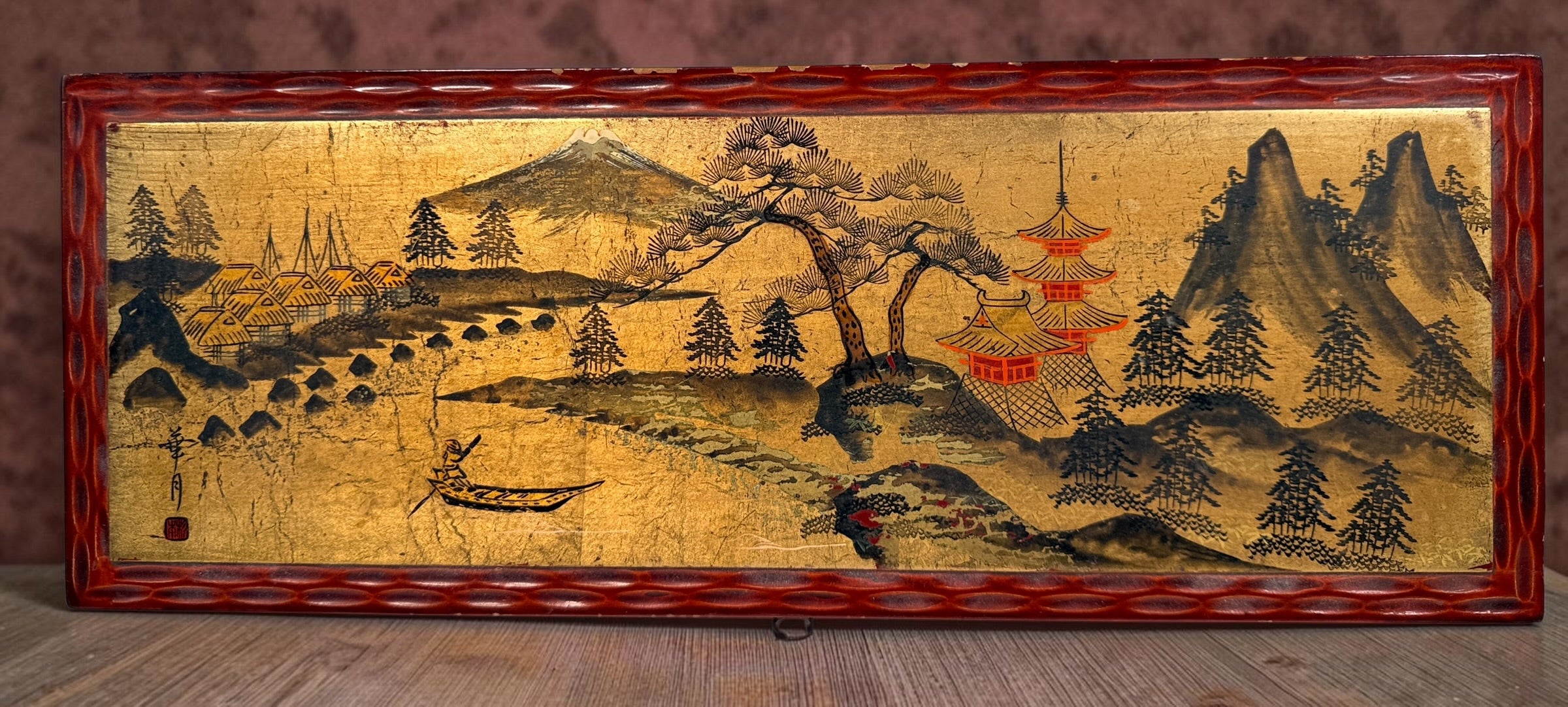 Vintage Japanese-style wooden musical jewelry box with ballerina, mirrors, gold interior and Mount Fuji landscape decoration. Unique mid-century décor.