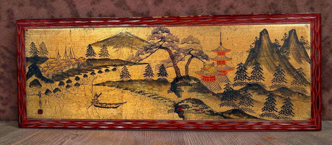 Vintage Japanese-style wooden musical jewelry box with ballerina, mirrors, gold interior and Mount Fuji landscape decoration. Unique mid-century décor.