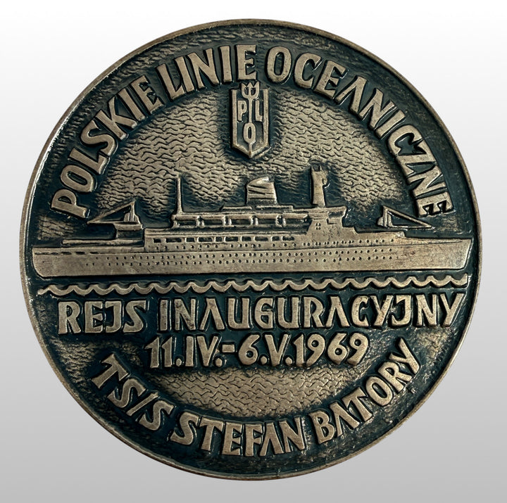 1969 Polish Ocean Lines Stefan Batory bronze medallion, 59mm maritime collectible ocean liner souvenir with vintage patina, ideal nautical history display piece.