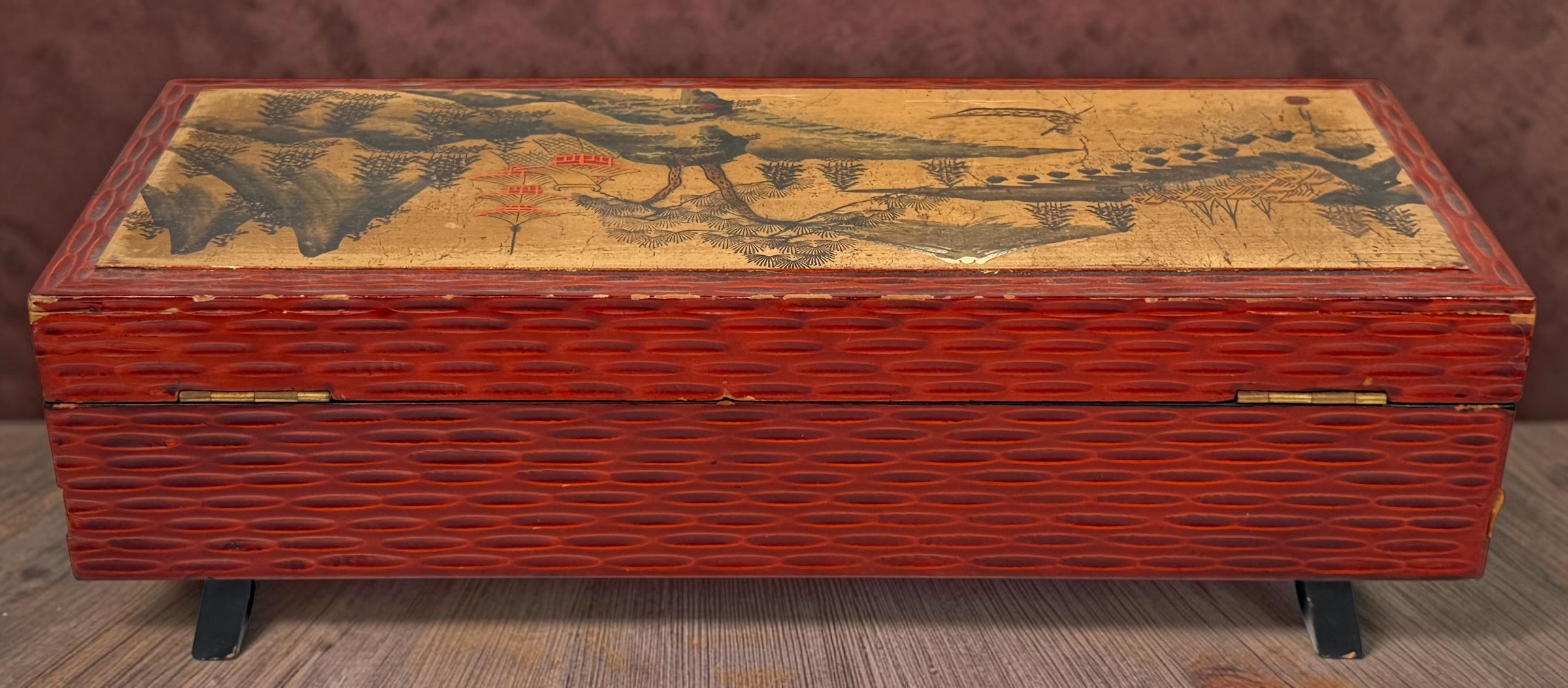 Vintage Japanese-style wooden musical jewelry box with ballerina, mirrors, gold interior and Mount Fuji landscape decoration. Unique mid-century décor.