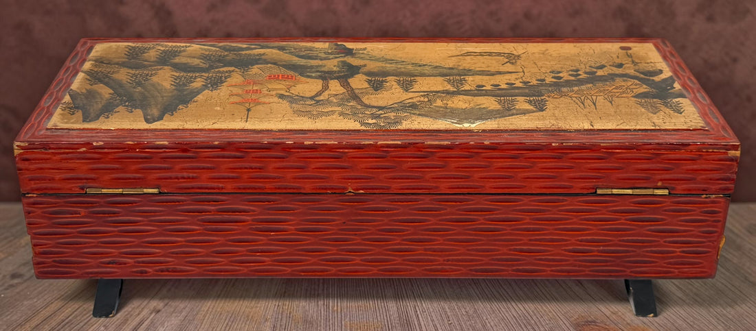 Vintage Japanese-style wooden musical jewelry box with ballerina, mirrors, gold interior and Mount Fuji landscape decoration. Unique mid-century décor.