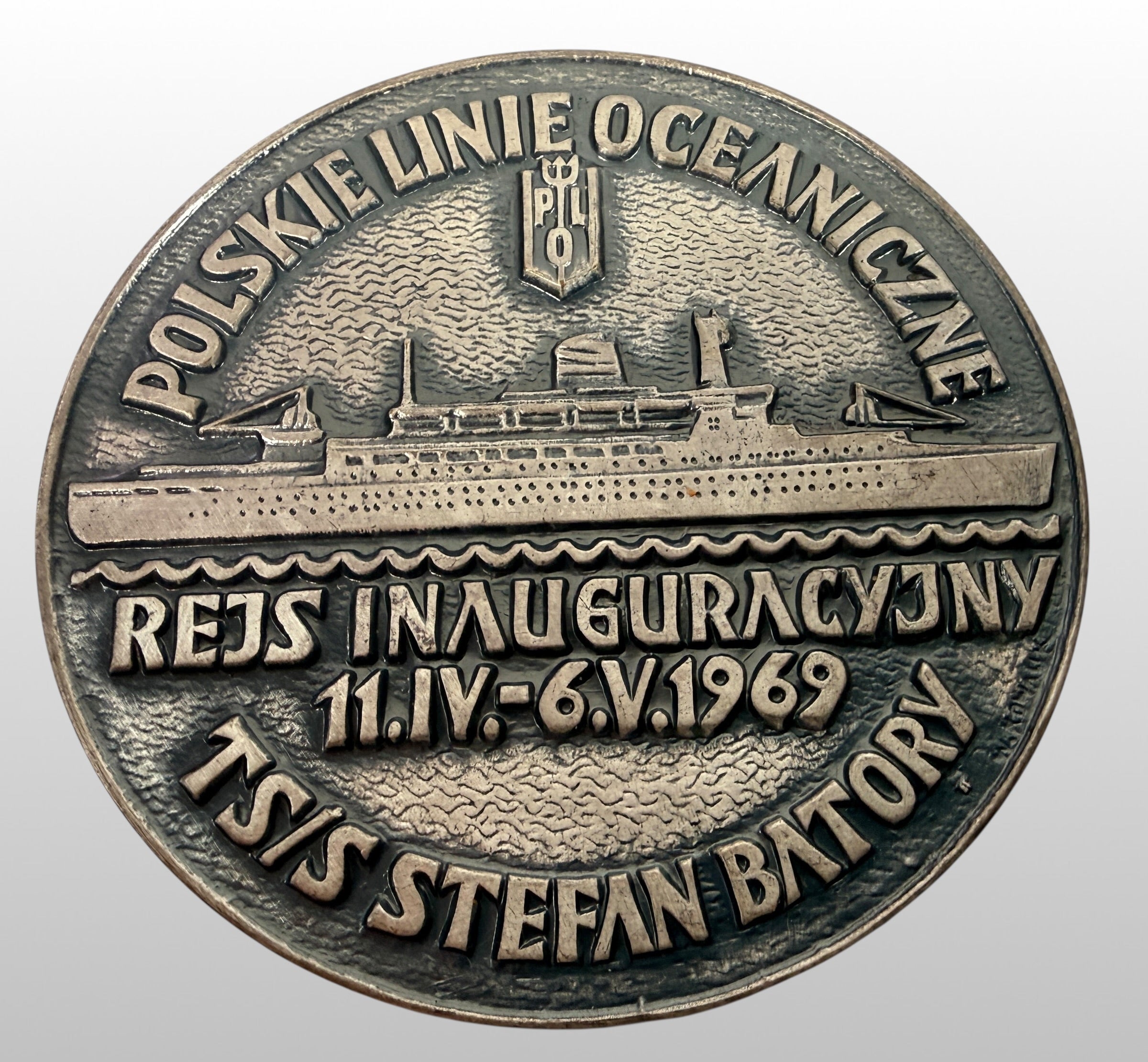 1969 Polish Ocean Lines Stefan Batory bronze medallion, 59mm maritime collectible ocean liner souvenir with vintage patina, ideal nautical history display piece.