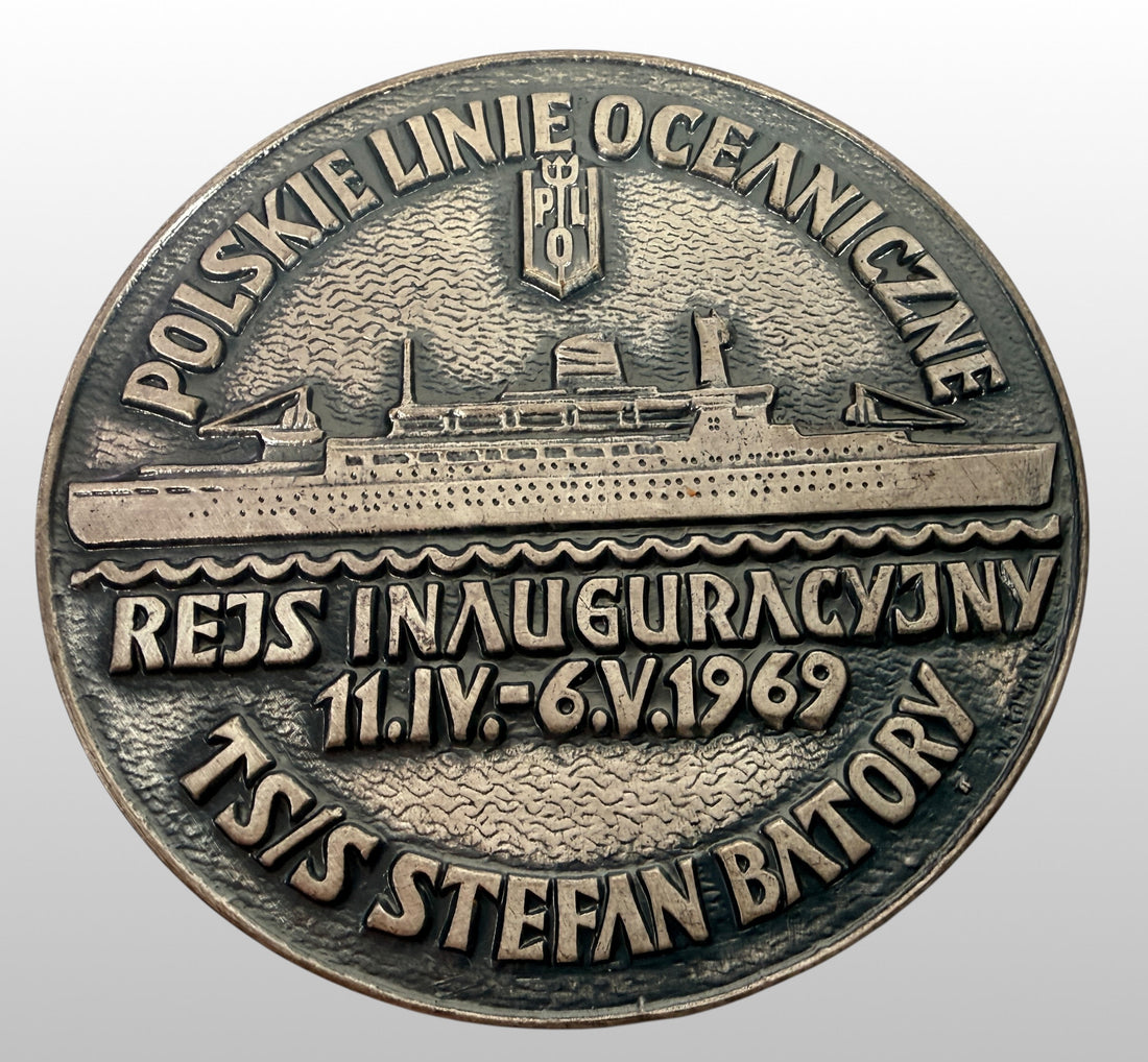 1969 Polish Ocean Lines Stefan Batory bronze medallion, 59mm maritime collectible ocean liner souvenir with vintage patina, ideal nautical history display piece.