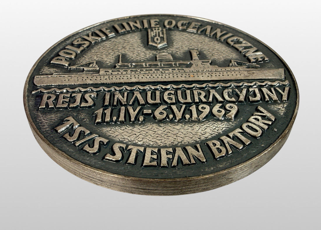 1969 Polish Ocean Lines Stefan Batory bronze medallion, 59mm maritime collectible ocean liner souvenir with vintage patina, ideal nautical history display piece.