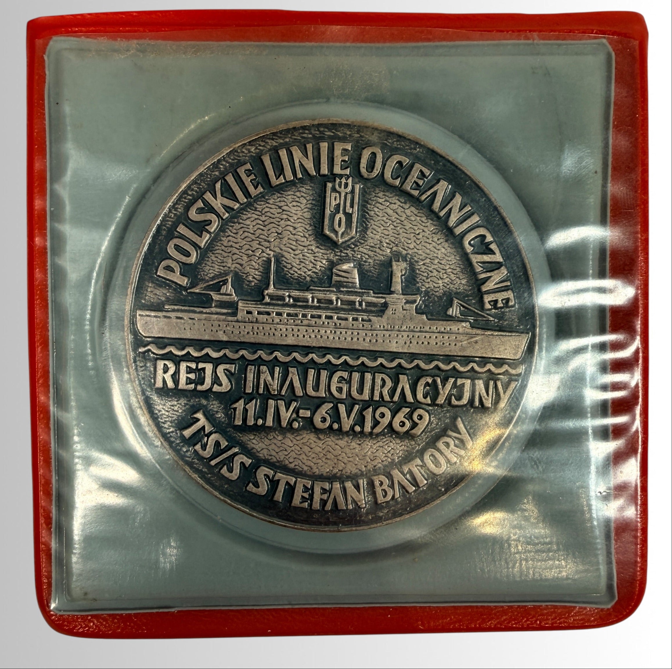 1969 Polish Ocean Lines Stefan Batory bronze medallion, 59mm maritime collectible ocean liner souvenir with vintage patina, ideal nautical history display piece.