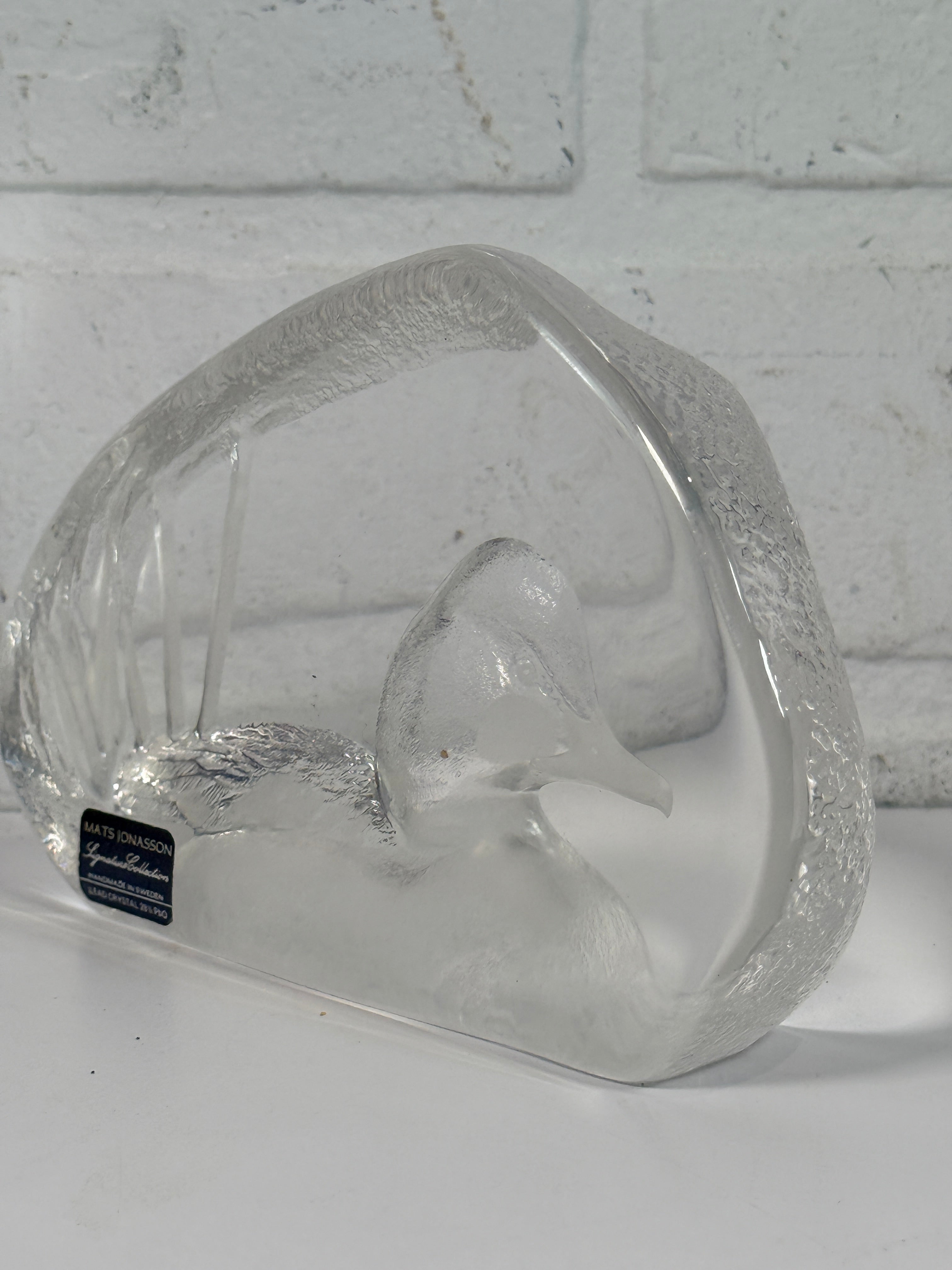 Vintage Mats Jonasson Swedish lead crystal duck paperweight. Heavy art glass wildlife sculpture with original label, collectible Scandinavian décor piece.