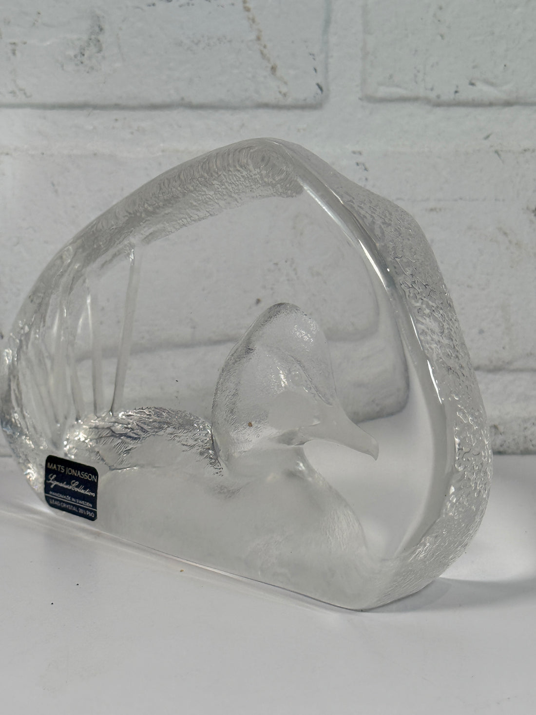 Vintage Mats Jonasson Swedish lead crystal duck paperweight. Heavy art glass wildlife sculpture with original label, collectible Scandinavian décor piece.