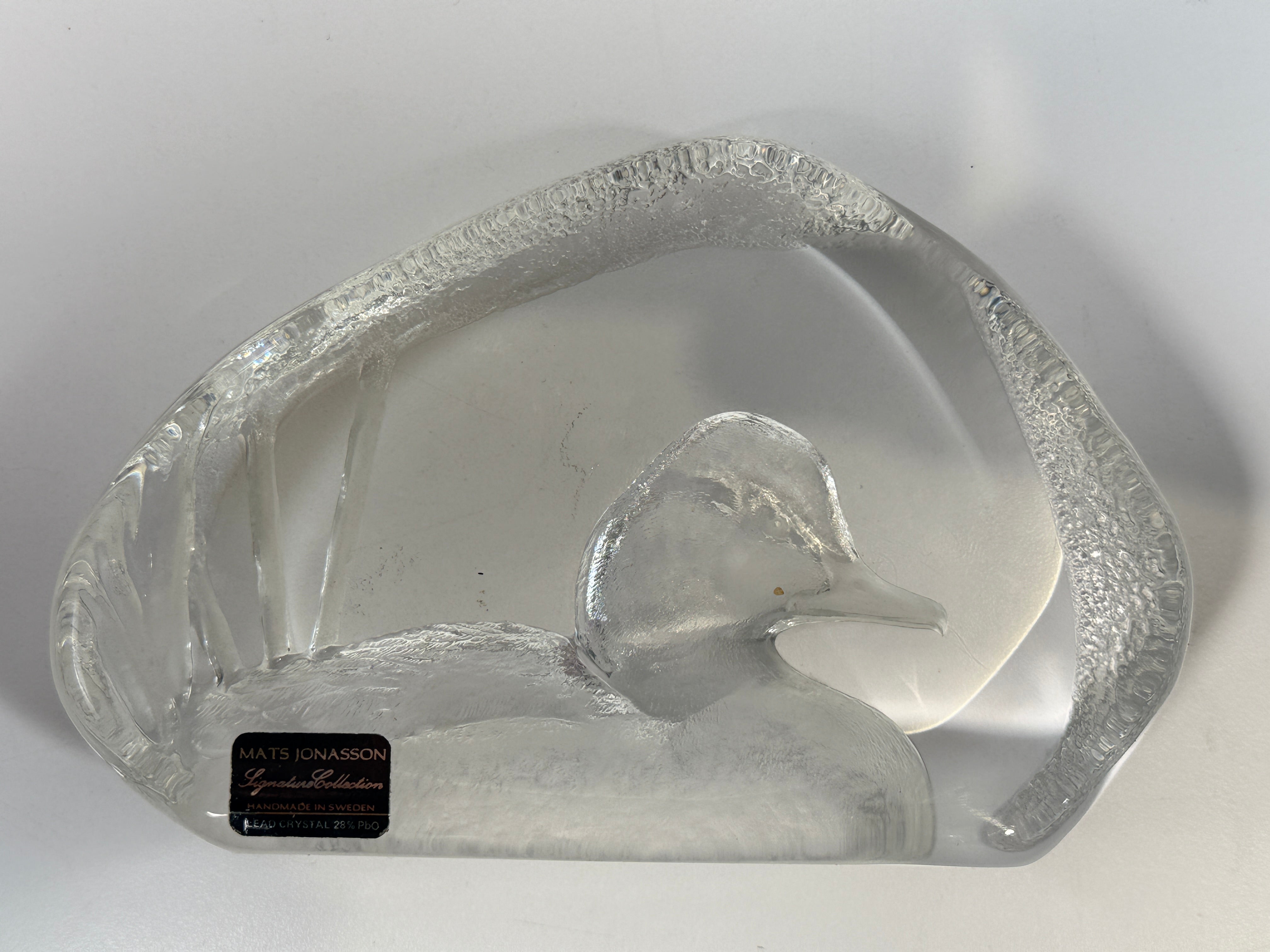 Vintage Mats Jonasson Swedish lead crystal duck paperweight. Heavy art glass wildlife sculpture with original label, collectible Scandinavian décor piece.