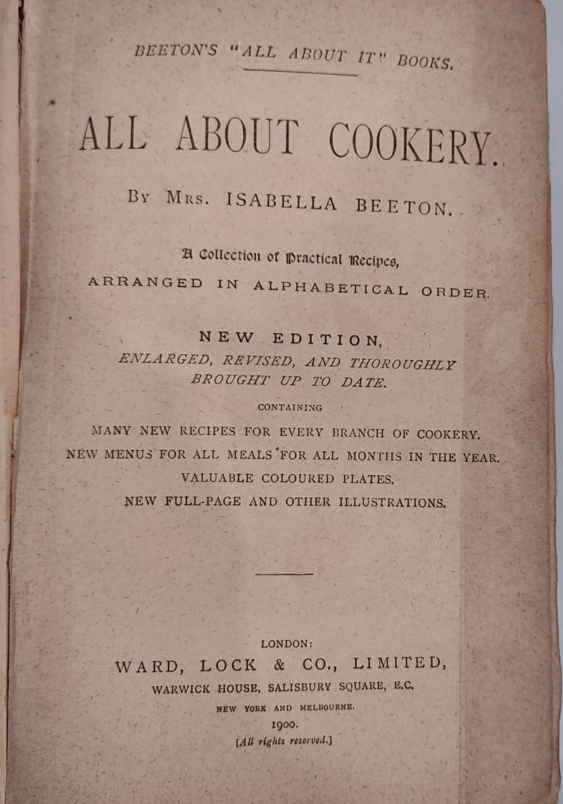 Mrs.  Beeton's, All About Cookery,  Edition, 1900, Antique