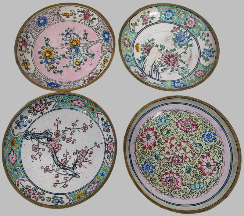 Set of 4 , Antique Chinese Cloisonné Plates with Floral Motifs