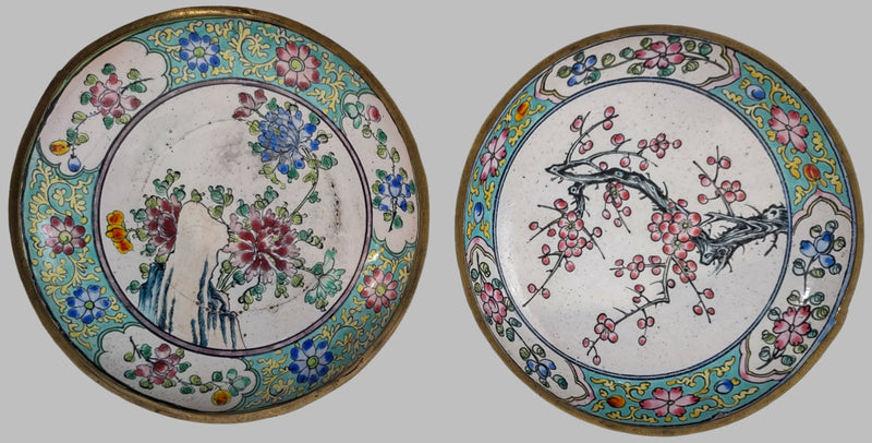 Set of 4 , Antique Chinese Cloisonné Plates with Floral Motifs