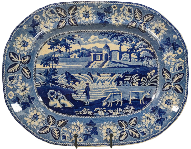 Antique English Staffordshire Blue Transferware Platter, 1825 Falls of Killarney