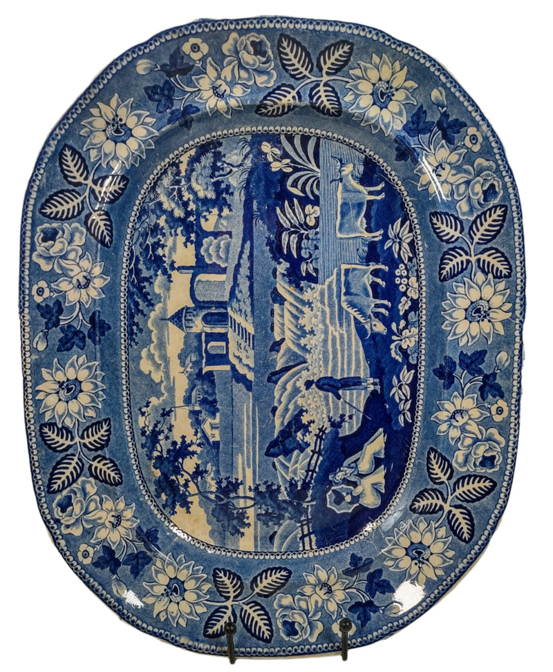 Plat ancien en faïence anglaise Staffordshire Blue Transferware, 1825 Chutes de Killarney