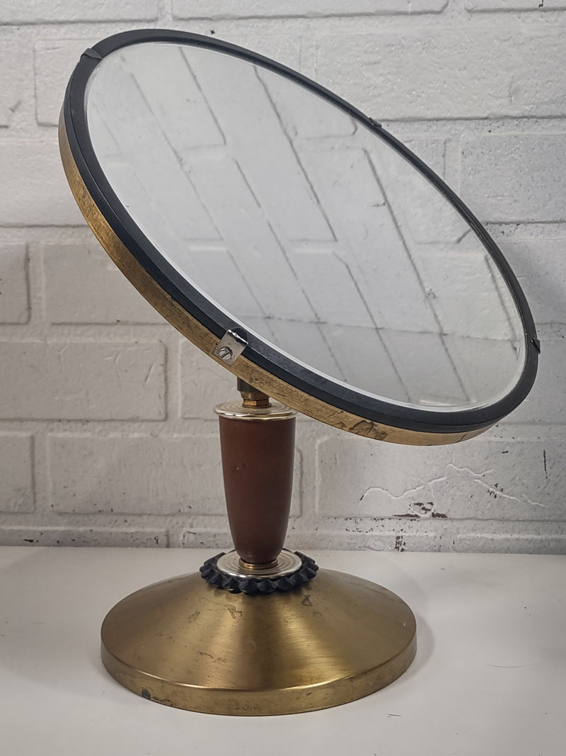 Antique Art Deco Optical Brass, Teak & Ruby Table Top Vanity Makeup Mirror