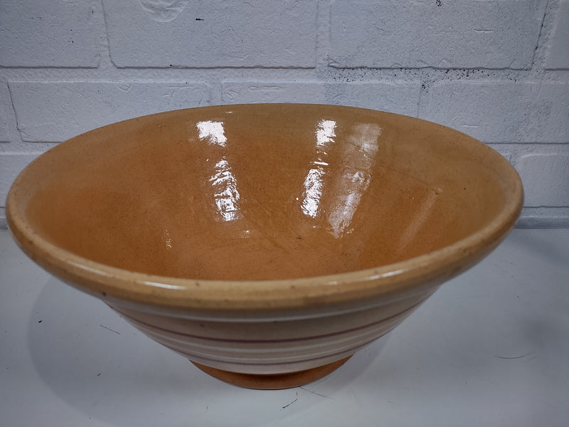 Antique McCoy Mixing Bowl with Yellow Glaze & Multicolored Pinstripes.