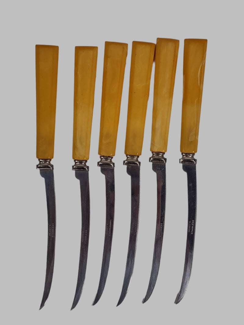 Set of 6 Vintage Stainless Steel, Amber Bakelite Handle Serrated Steak Knife, Henrys