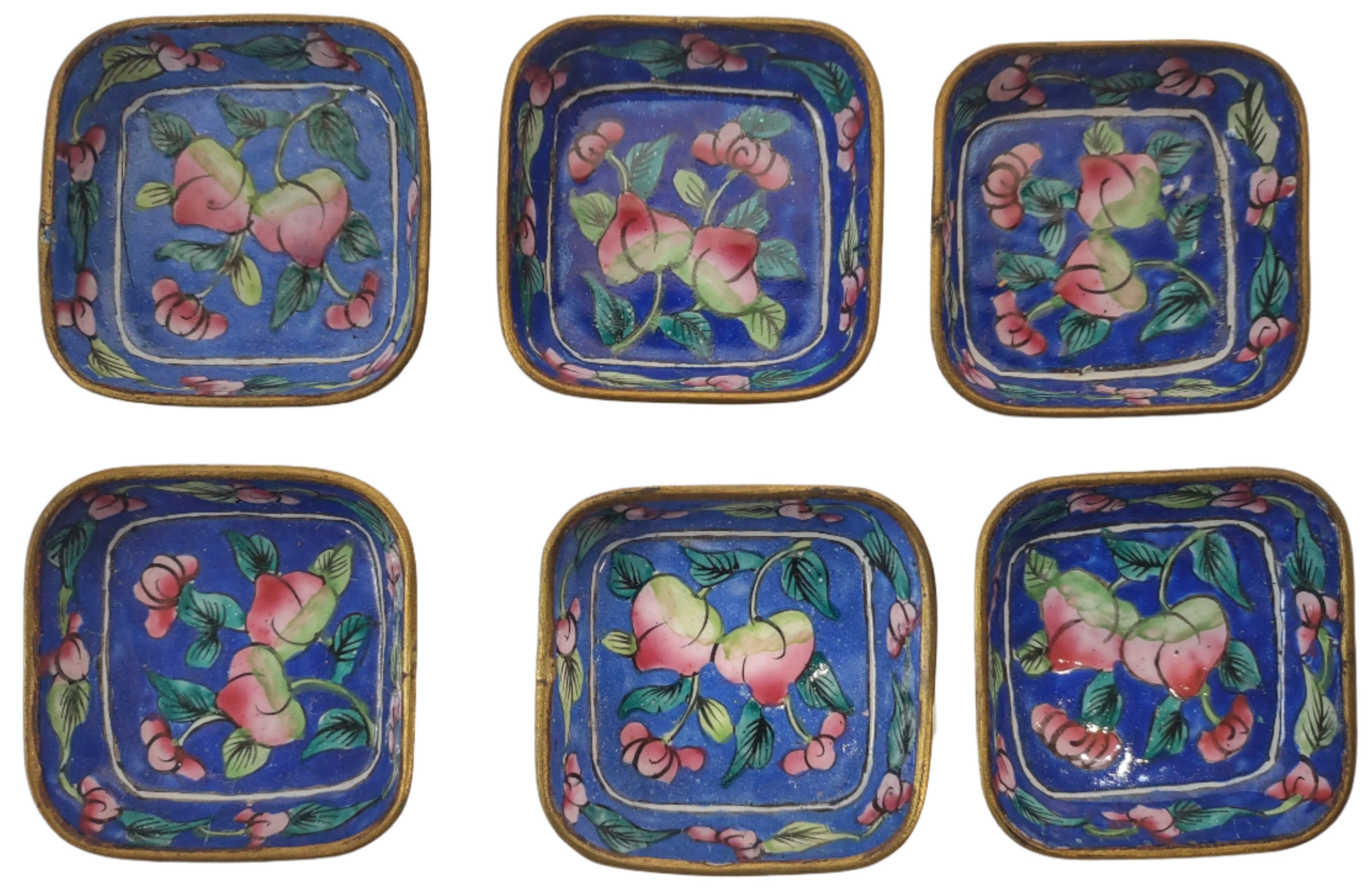 Vintage Set of 6 Enameled Metal Cloisonne Dip Trays