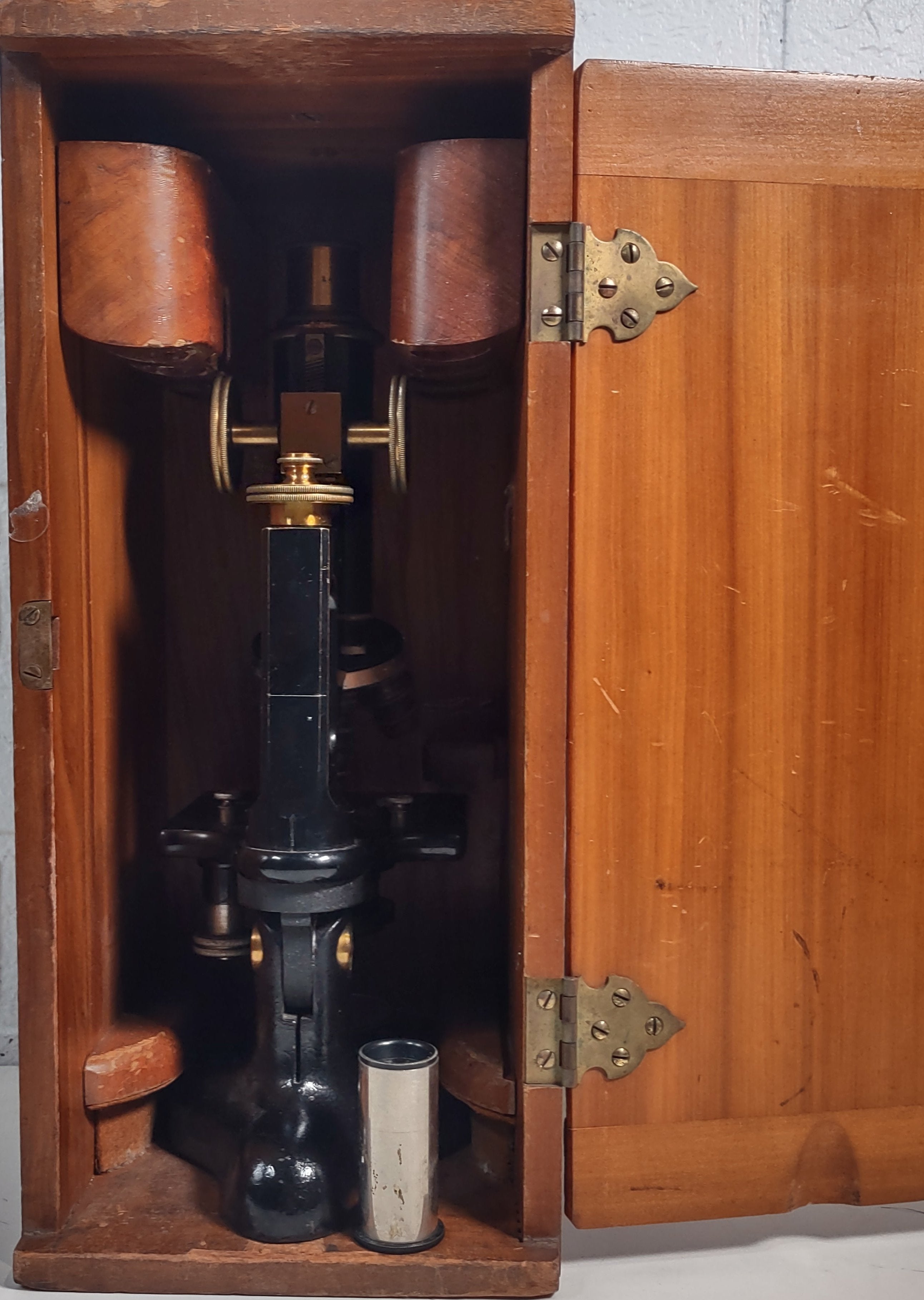 Vintage Brass, Bausch & Lomb USA , Microscope with 2 Eye Lenses, Wood Case