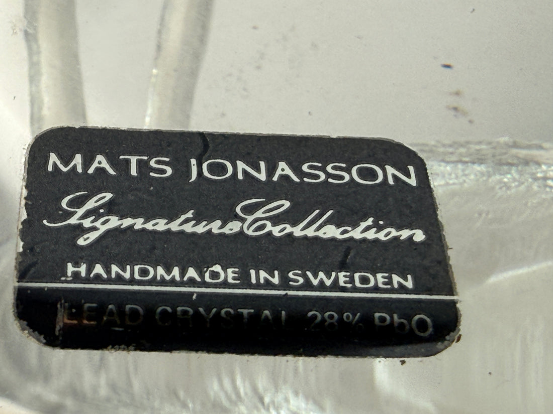 Vintage Mats Jonasson Swedish lead crystal duck paperweight. Heavy art glass wildlife sculpture with original label, collectible Scandinavian décor piece.