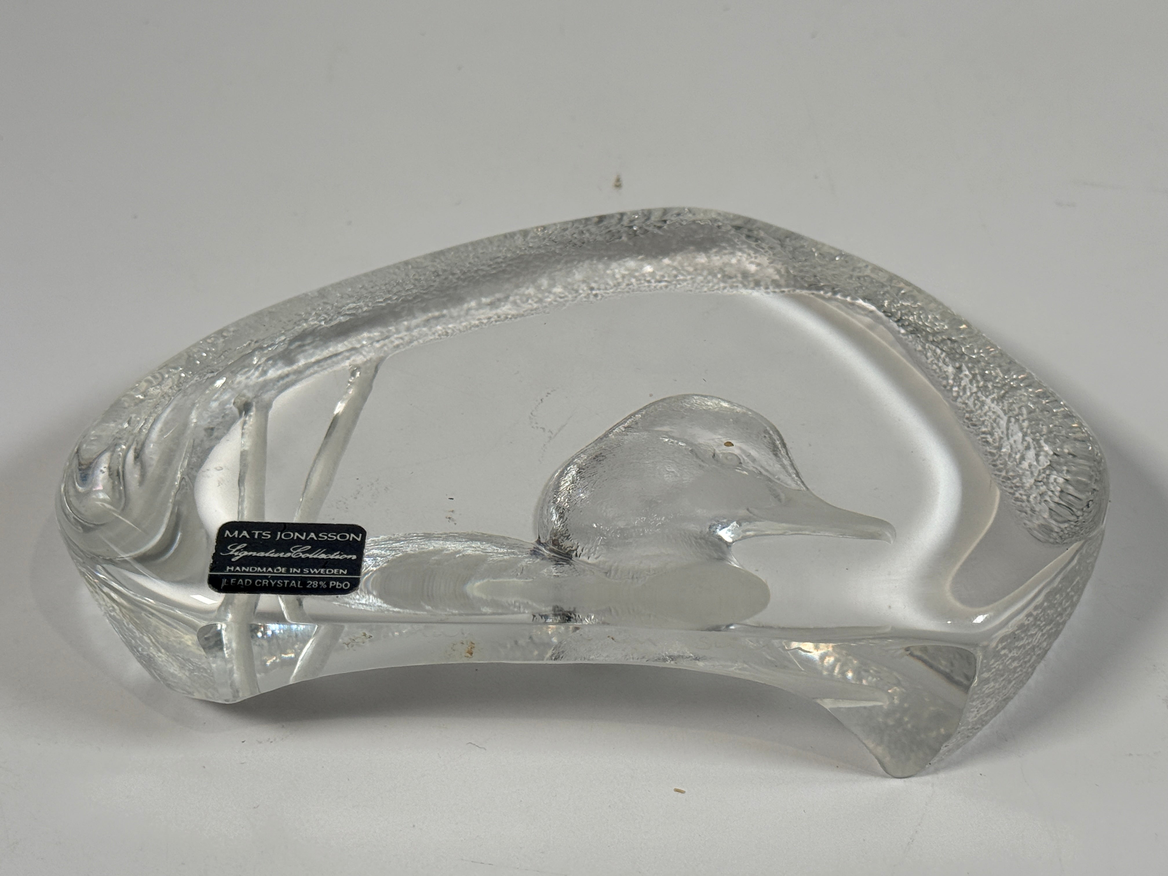 Vintage Mats Jonasson Swedish lead crystal duck paperweight. Heavy art glass wildlife sculpture with original label, collectible Scandinavian décor piece.
