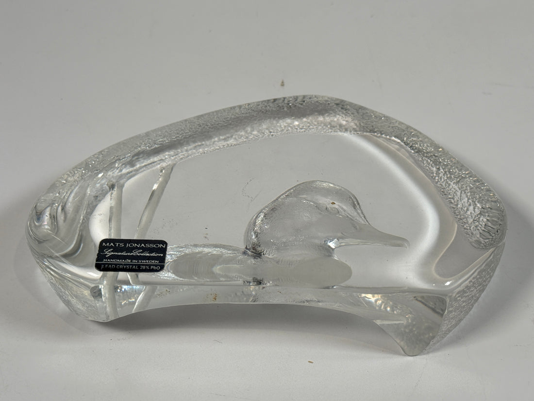 Vintage Mats Jonasson Swedish lead crystal duck paperweight. Heavy art glass wildlife sculpture with original label, collectible Scandinavian décor piece.