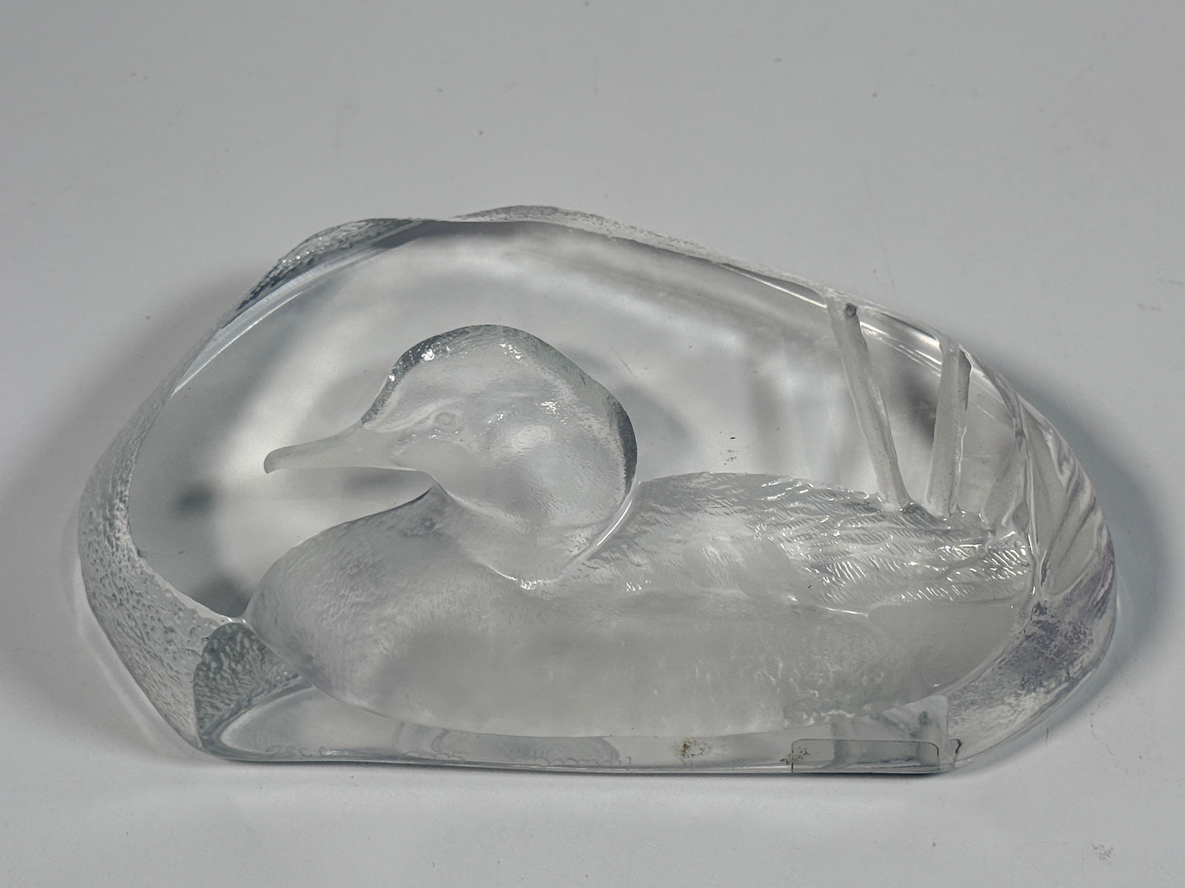 Vintage Mats Jonasson Swedish lead crystal duck paperweight. Heavy art glass wildlife sculpture with original label, collectible Scandinavian décor piece.