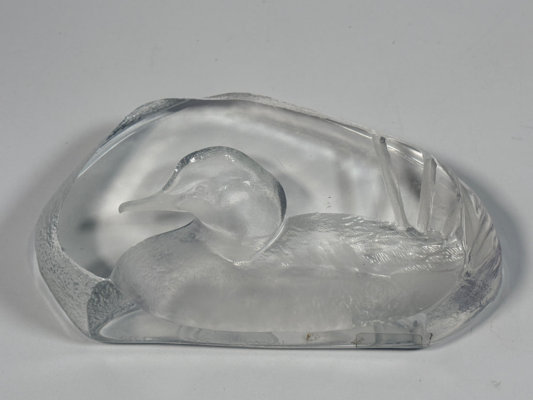 Vintage Mats Jonasson Swedish lead crystal duck paperweight. Heavy art glass wildlife sculpture with original label, collectible Scandinavian décor piece.