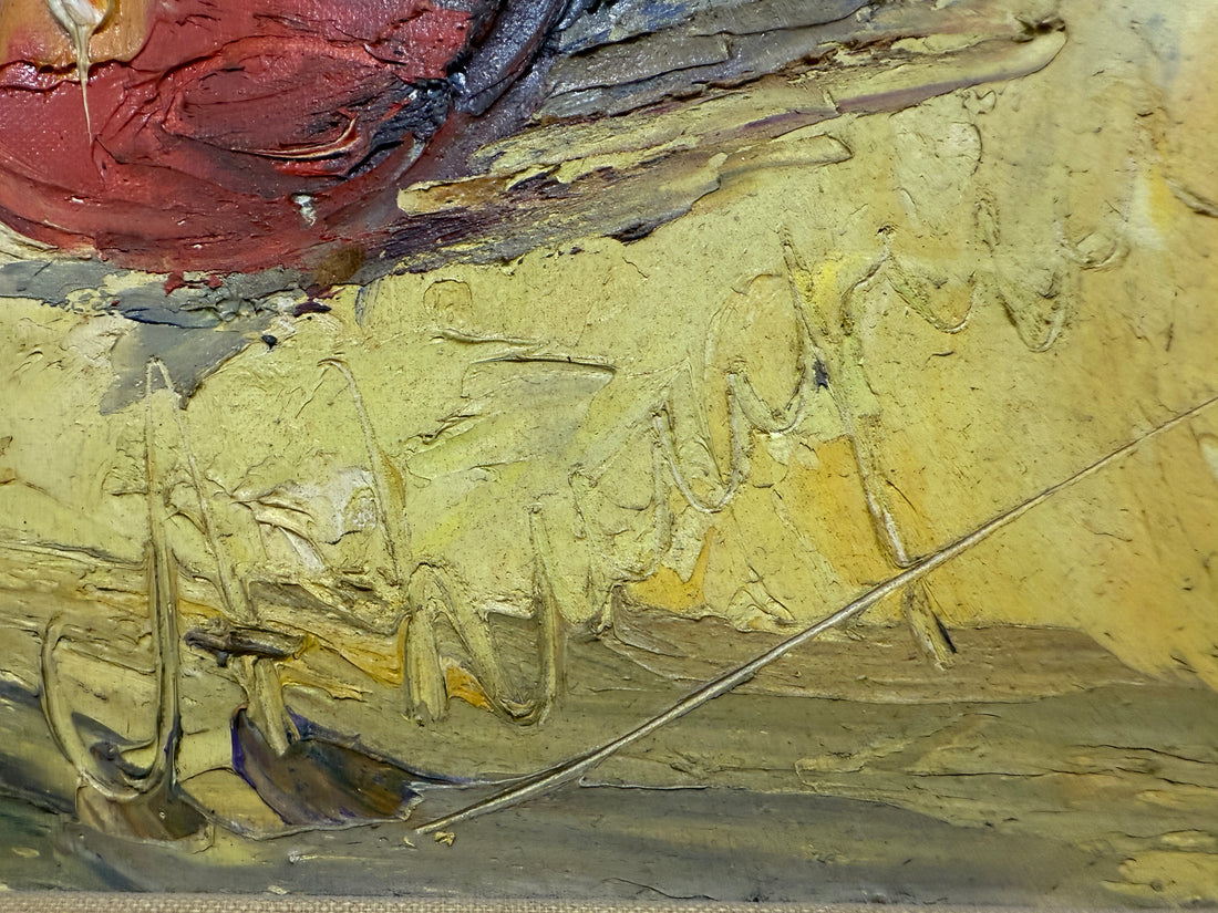 Nature morte du milieu du siècle – Huile sur vase d'ananas, de pommes et de cobalt