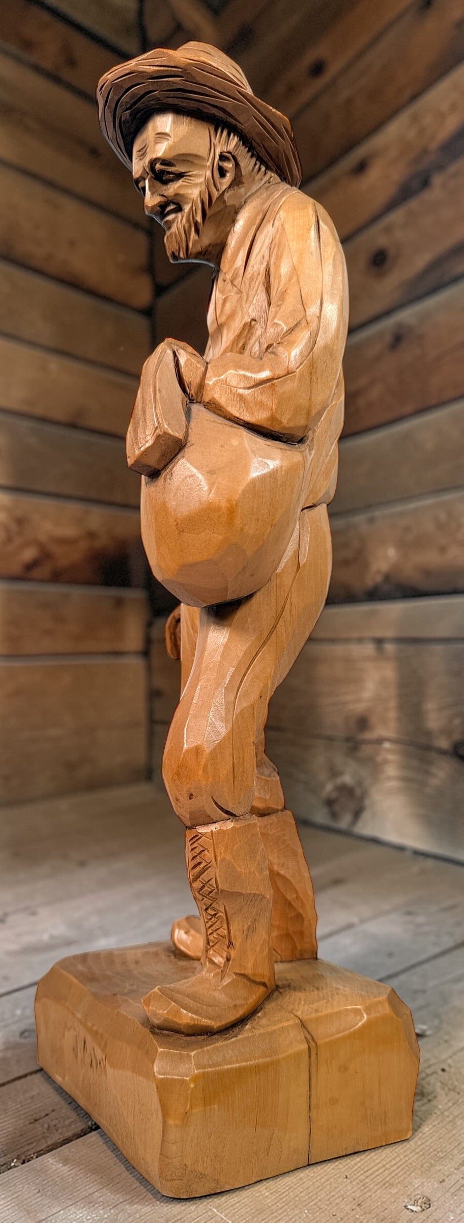Mid-century Quebec folk art wood carving signed J. Caron, hand-carved habitant figure with rustic character, vintage Canadian decorative sculpture collectible.