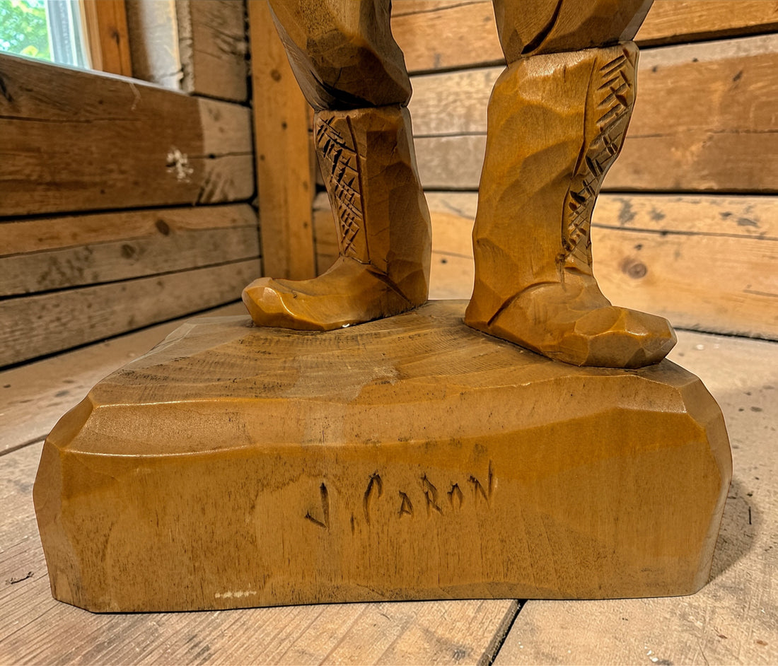 Mid-century Quebec folk art wood carving signed J. Caron, hand-carved habitant figure with rustic character, vintage Canadian decorative sculpture collectible.