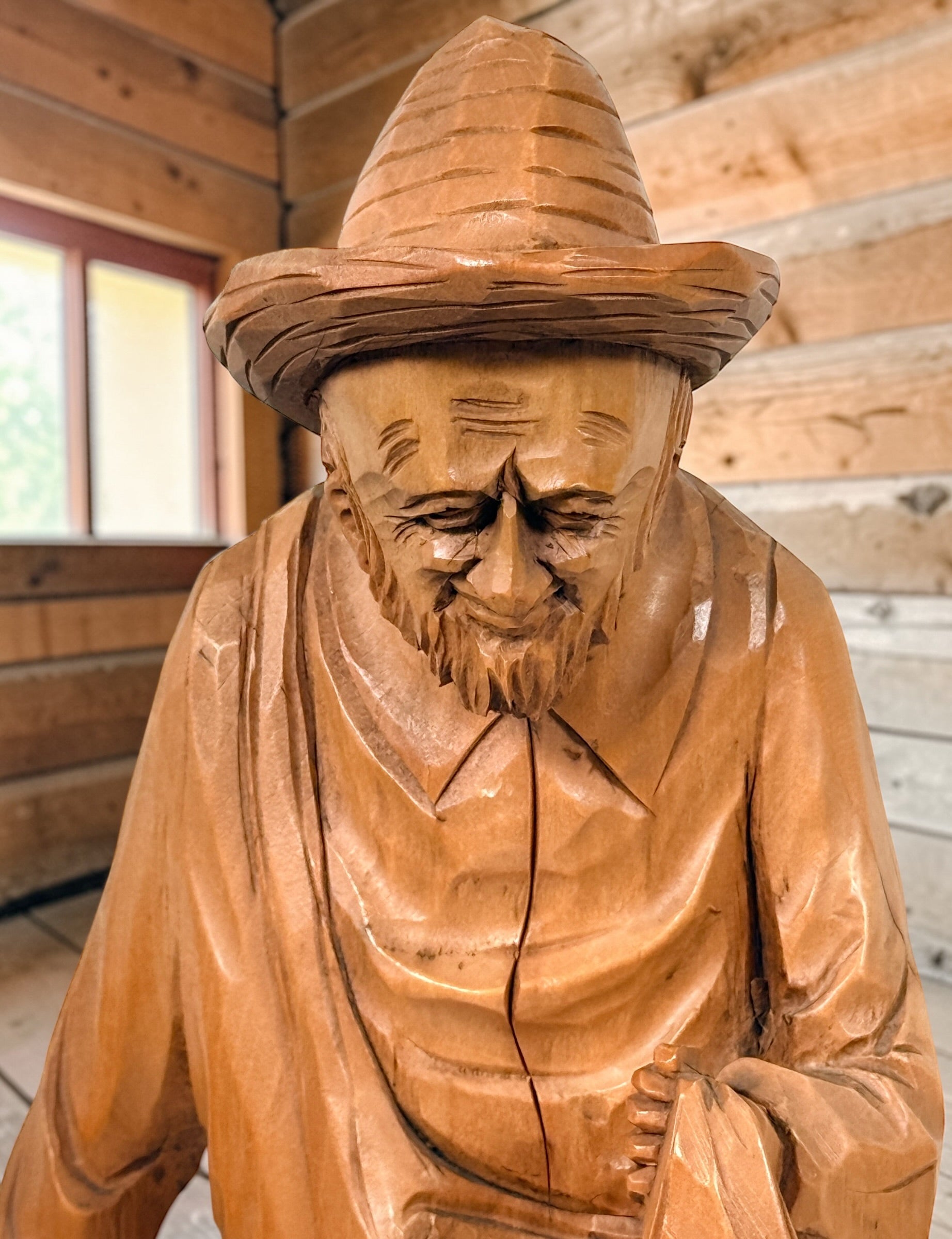 Mid-century Quebec folk art wood carving signed J. Caron, hand-carved habitant figure with rustic character, vintage Canadian decorative sculpture collectible.