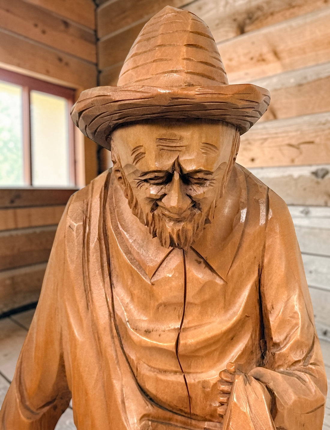 Mid-century Quebec folk art wood carving signed J. Caron, hand-carved habitant figure with rustic character, vintage Canadian decorative sculpture collectible.