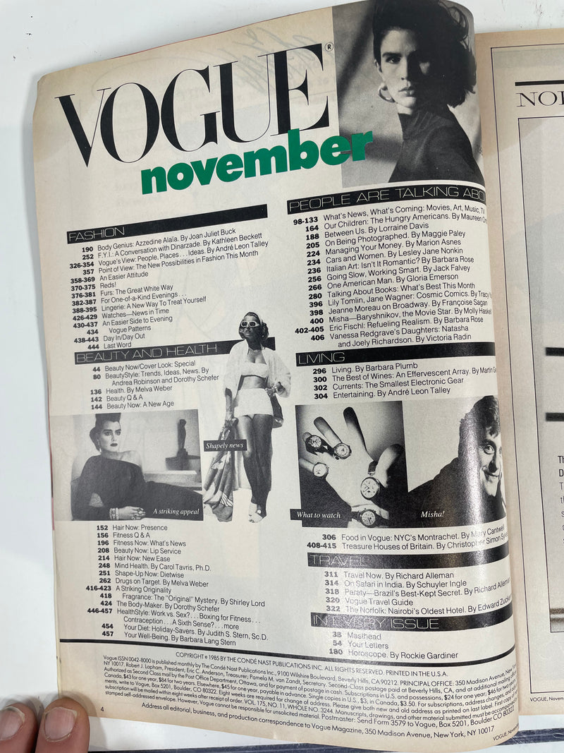 Vogue Mag November 1985 Renée Simonsen Gail Elliott Brooke Shields Alexa Singer