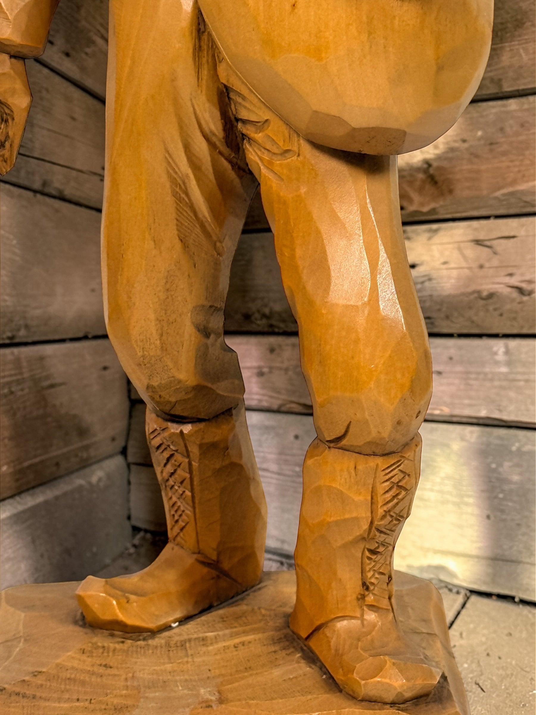 Mid-century Quebec folk art wood carving signed J. Caron, hand-carved habitant figure with rustic character, vintage Canadian decorative sculpture collectible.