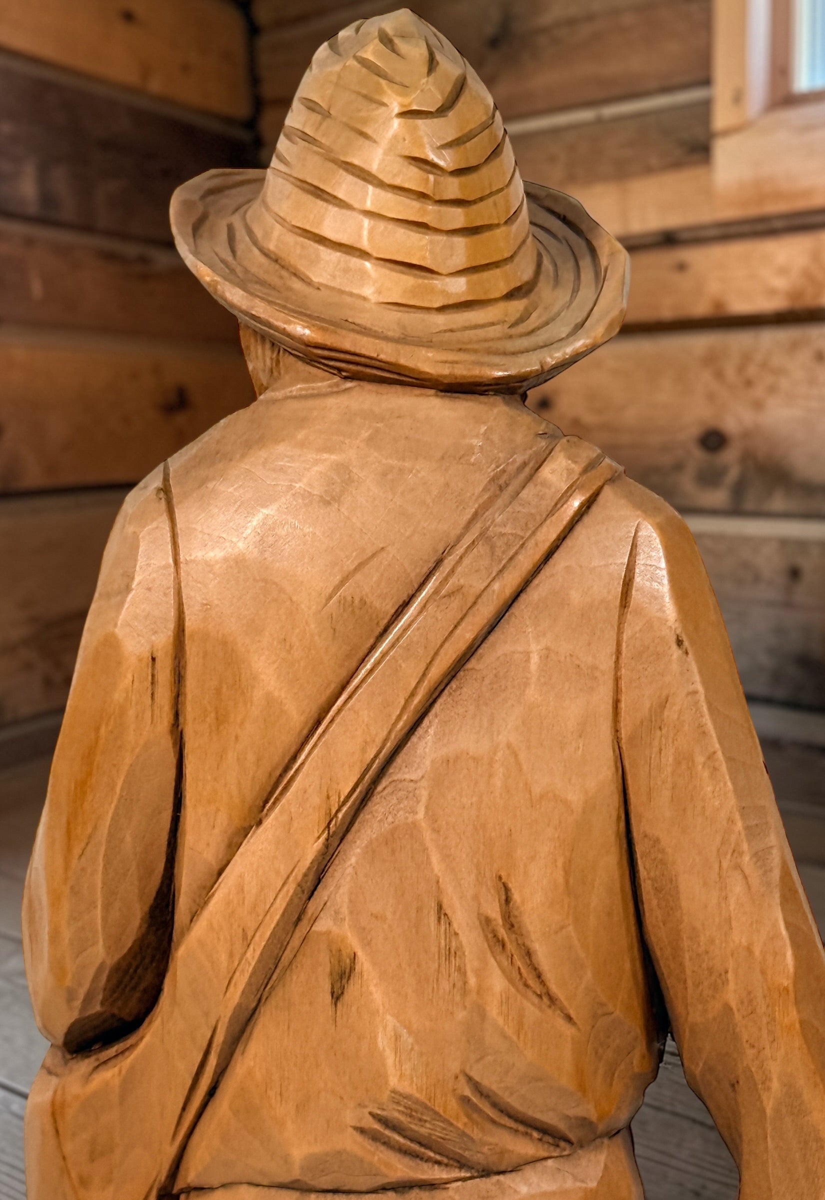 Mid-century Quebec folk art wood carving signed J. Caron, hand-carved habitant figure with rustic character, vintage Canadian decorative sculpture collectible.