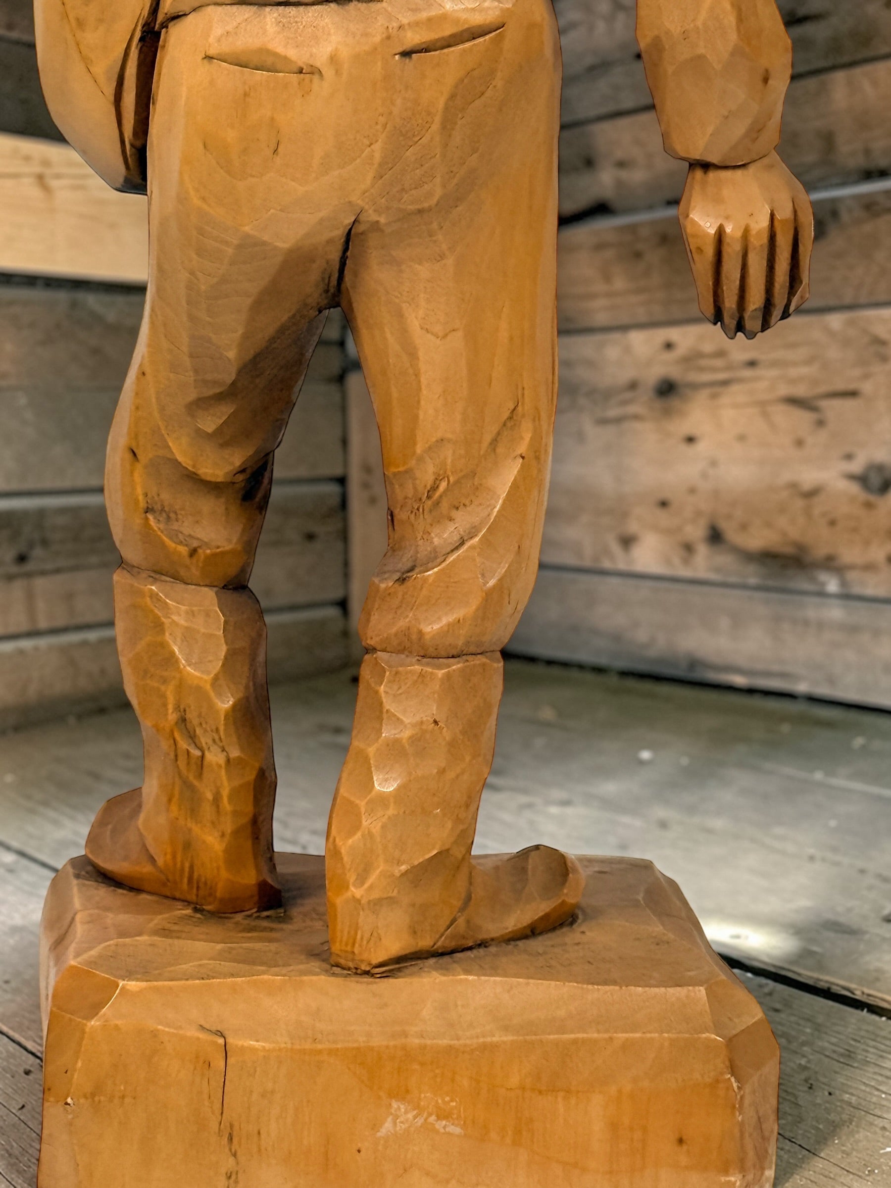 Mid-century Quebec folk art wood carving signed J. Caron, hand-carved habitant figure with rustic character, vintage Canadian decorative sculpture collectible.
