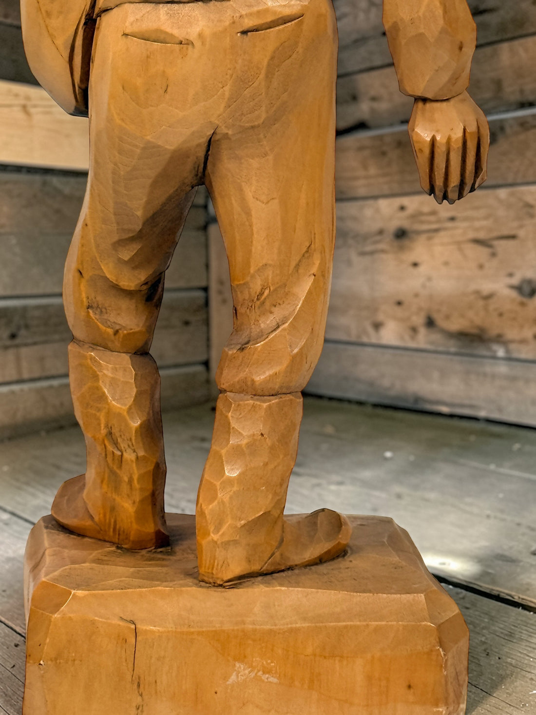 Mid-century Quebec folk art wood carving signed J. Caron, hand-carved habitant figure with rustic character, vintage Canadian decorative sculpture collectible.