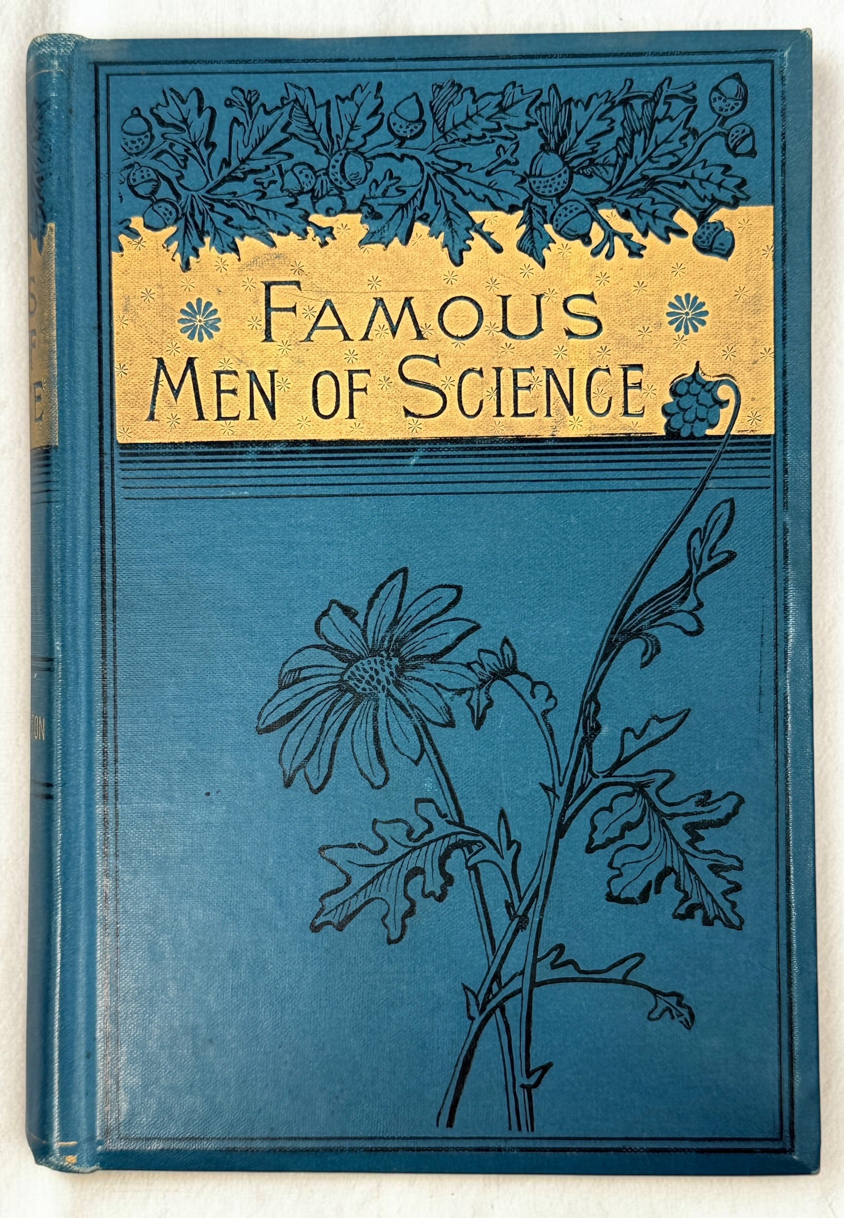 1889 first edition of Famous Men of Science by Sarah K. Bolton, illustrated antique hardcover with decorative blue cloth and gilt binding.