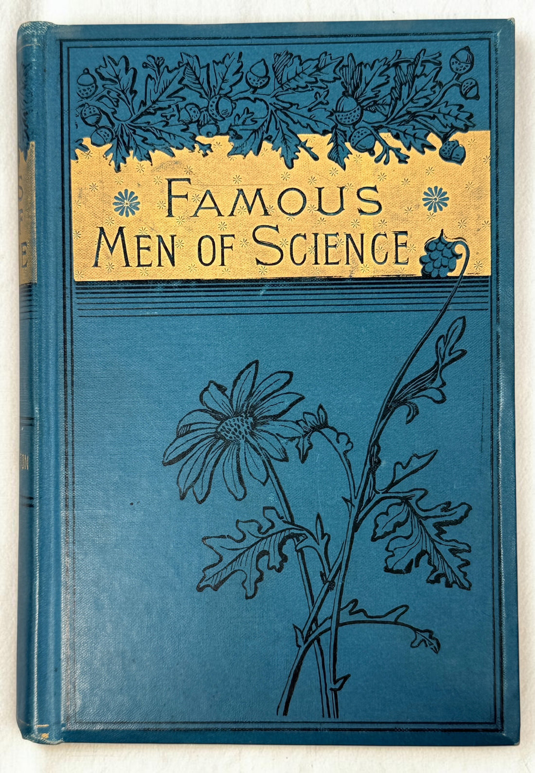 1889 first edition of Famous Men of Science by Sarah K. Bolton, illustrated antique hardcover with decorative blue cloth and gilt binding.
