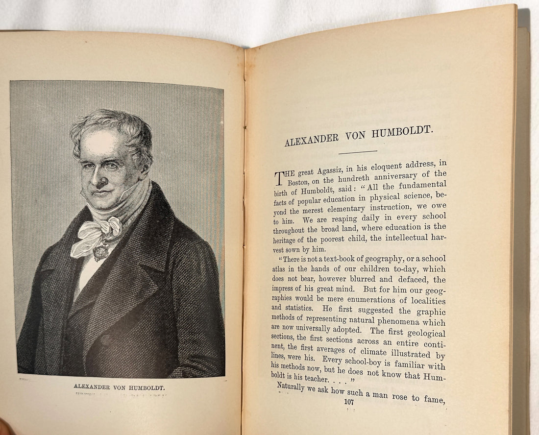 1889 first edition of Famous Men of Science by Sarah K. Bolton, illustrated antique hardcover with decorative blue cloth and gilt binding.