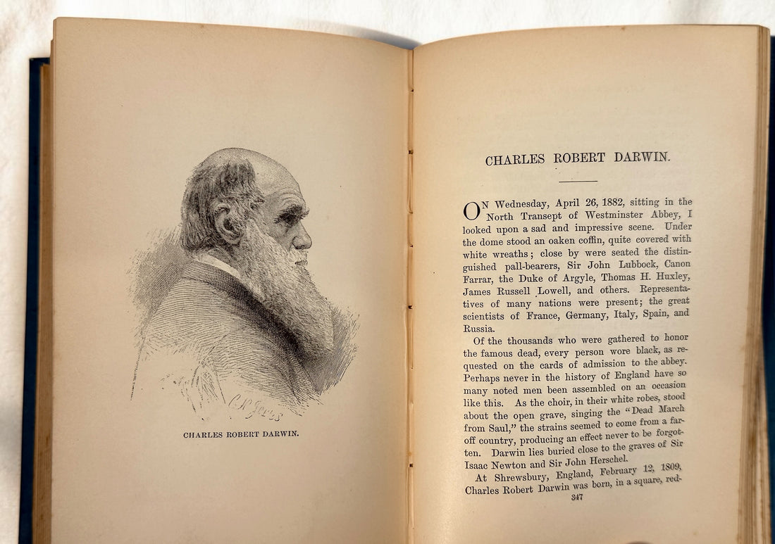 1889 first edition of Famous Men of Science by Sarah K. Bolton, illustrated antique hardcover with decorative blue cloth and gilt binding.