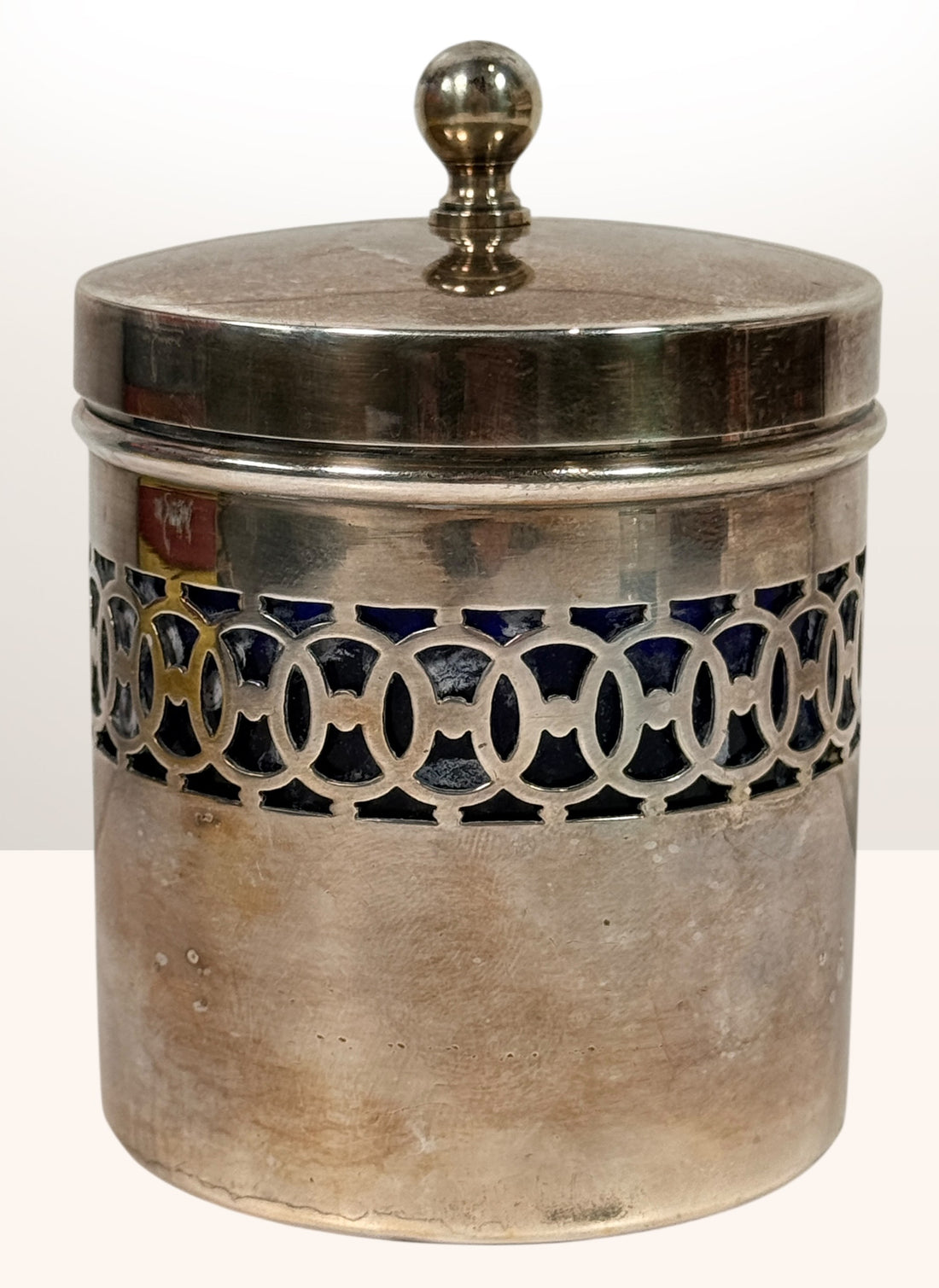 Vintage English EPNS preserve pot with cobalt glass liner by Gainsborough Plate. Mid-century silverplate jam jar, decorative serving piece, Made in England.