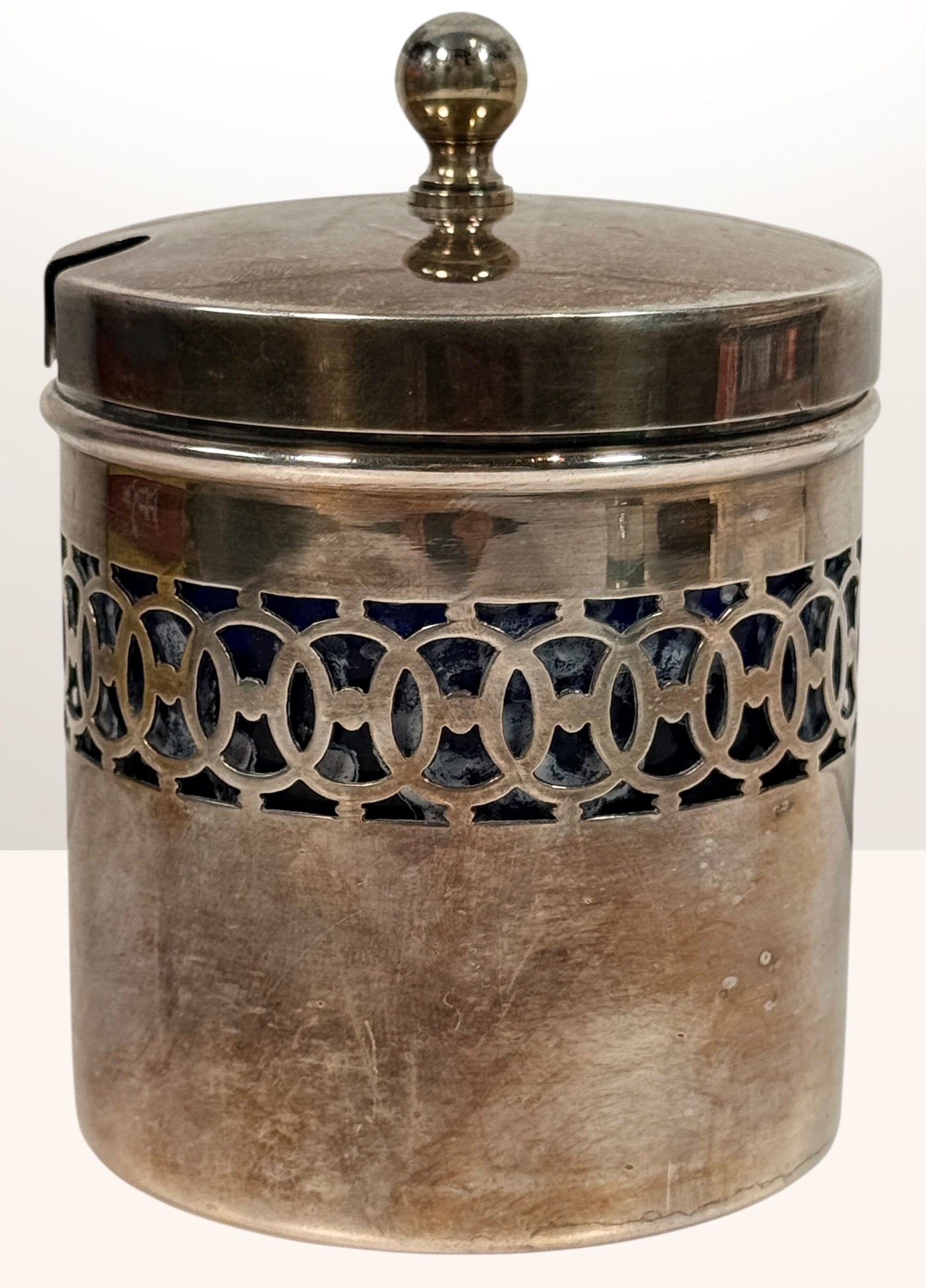 Vintage English EPNS preserve pot with cobalt glass liner by Gainsborough Plate. Mid-century silverplate jam jar, decorative serving piece, Made in England.