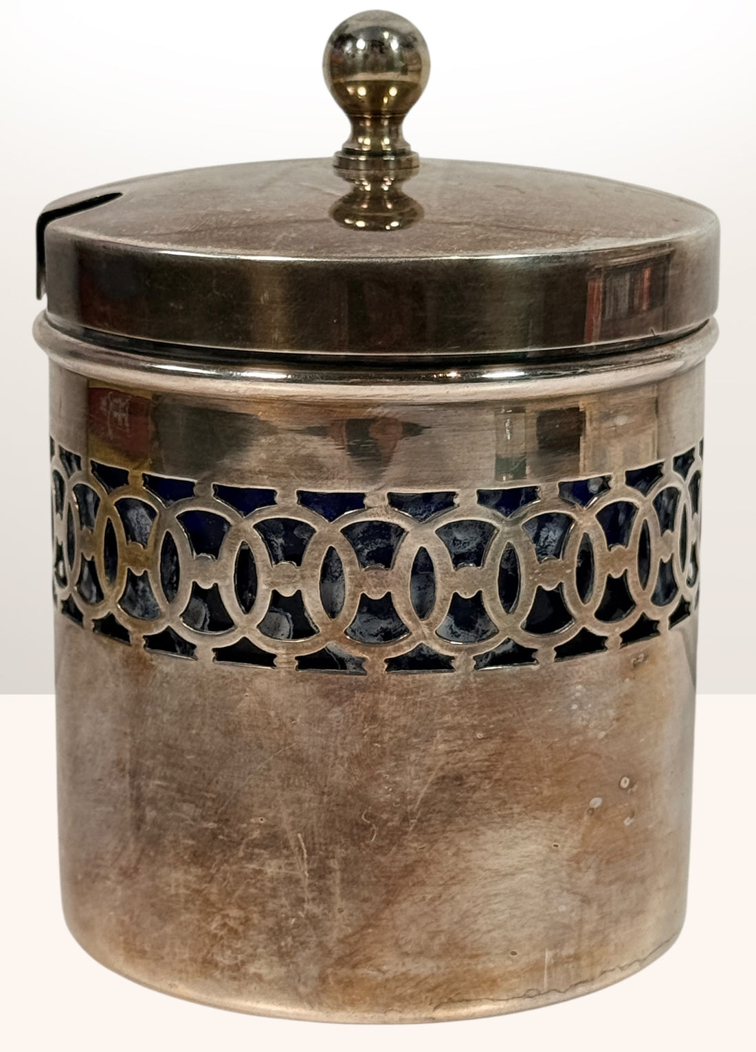 Vintage English EPNS preserve pot with cobalt glass liner by Gainsborough Plate. Mid-century silverplate jam jar, decorative serving piece, Made in England.