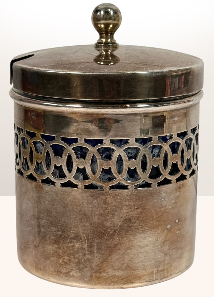 Vintage English EPNS preserve pot with cobalt glass liner by Gainsborough Plate. Mid-century silverplate jam jar, decorative serving piece, Made in England.