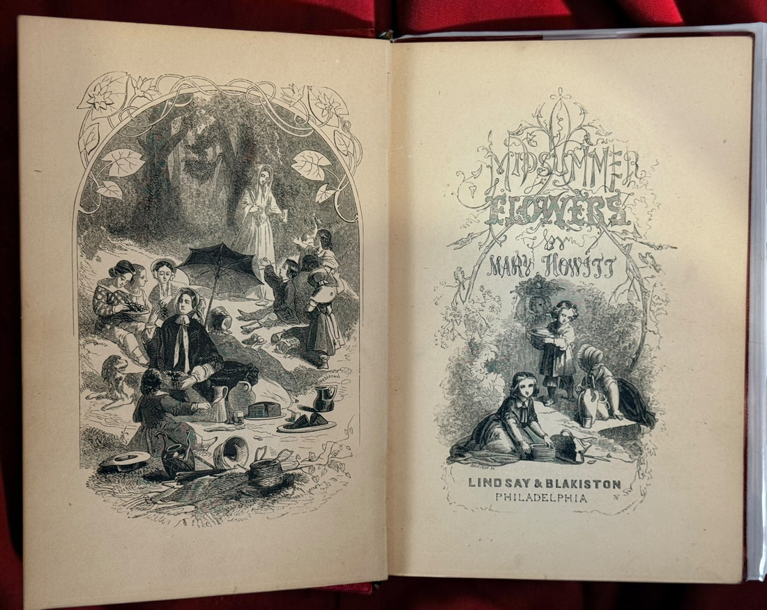 Rare 1854 first Philadelphia edition of Mary Howitt’s Midsummer Flowers, illustrated in original gilt cloth and featuring an early Christina Rossetti poem.